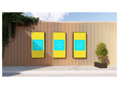 Sidewalk Wooden Architecture Wall Vertical 3 Billboards Mockup 639917834