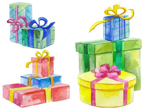 Watercolor painted collection of gift boxes. Hand drawn holiday design elements isolated on white background. 639884357