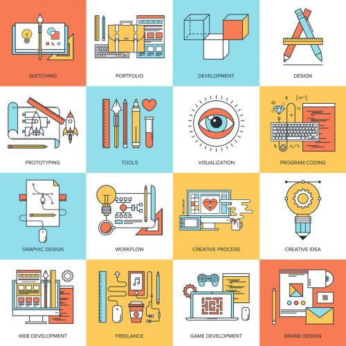 Abstract flat line vector illustration of design and development concepts. Elements for mobile and web applications. 639915184