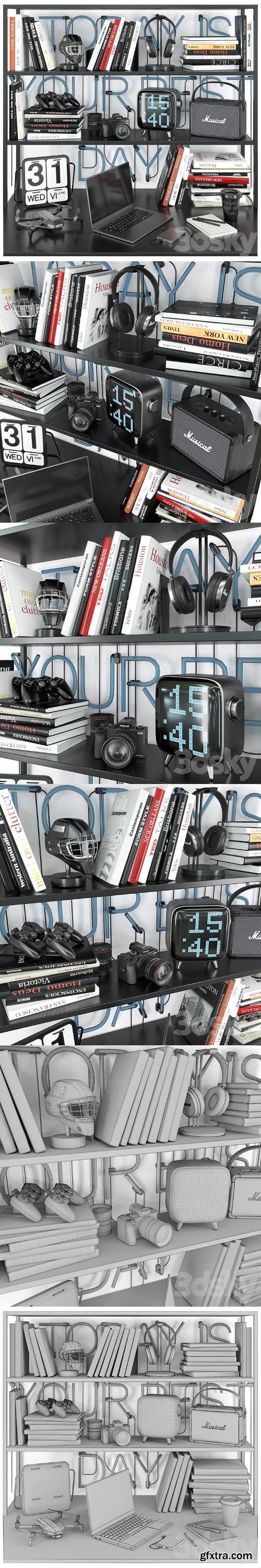 decorative set of gadgets, electronics and books