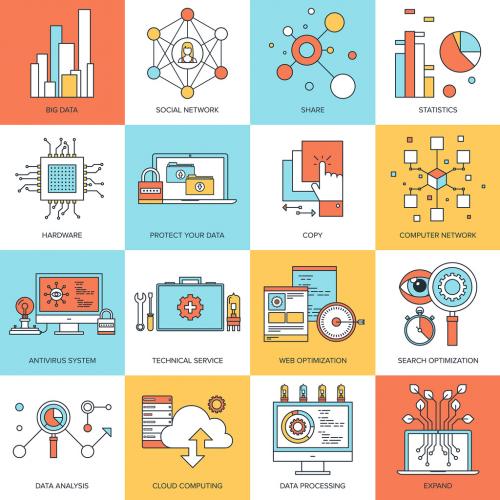 Vector set of flat line concepts on technology theme . Design elements for web and mobile applications. 639915147