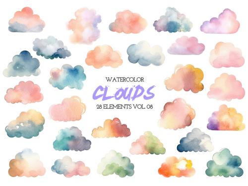 Watercolor painted colorful clouds. Hand drawn design elements isolated on white background. 639883957