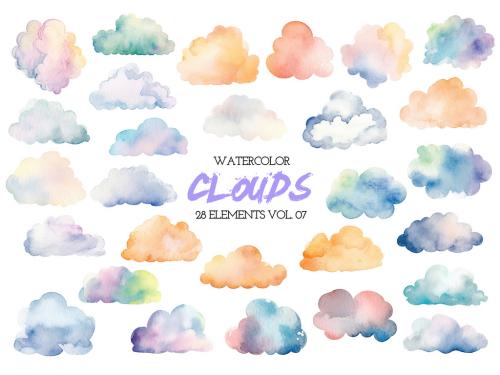 Watercolor painted colorful clouds. Hand drawn design elements isolated on white background. 639883951