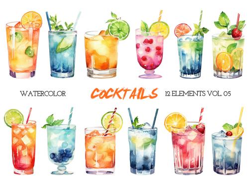 Watercolor painted cocktails clipart. Hand drawn design elements isolated on white background. 639883921