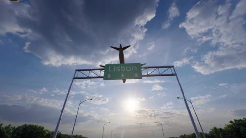 Videohive - Lisbon City Road Sign - Airplane Arriving To Lisbon Airport Travelling To Portugal - 47982123 - 47982123