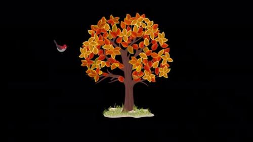 Videohive - Bird In Autumn Tree With Falling Leaves Alpha Channel 4K - 47987009 - 47987009