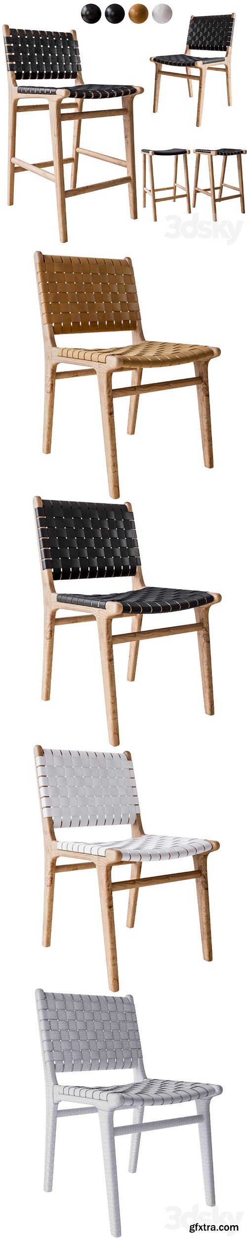 Flat and Leather Strapping Dining Chair and Stools