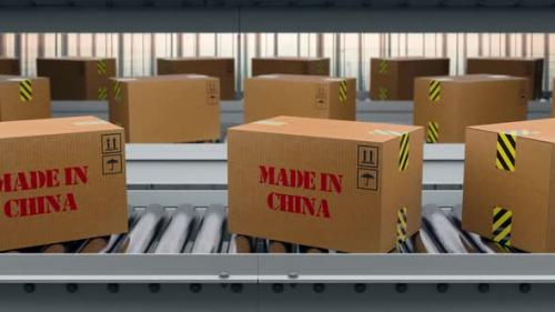 Videohive - Cargo Boxes Made In China Text On Roller Conveyor - 48024719 - 48024719