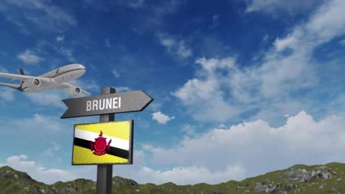 Videohive - Brunei Flag With Airplane And Arrow Sign - 48025321 - 48025321