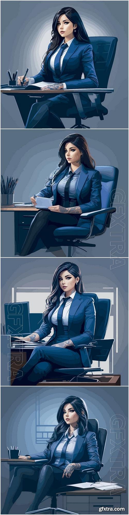 Vector tattooed executive sitting on office chair illustration