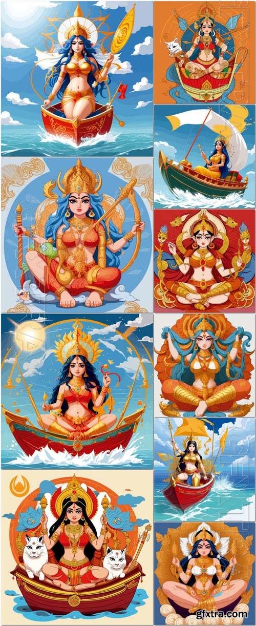 Vector goddess durga india holy tradicional cartoon illustration