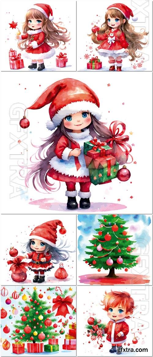 Vector a detailed small cute gnome girl holding christmas decor candy wearing a red outfit