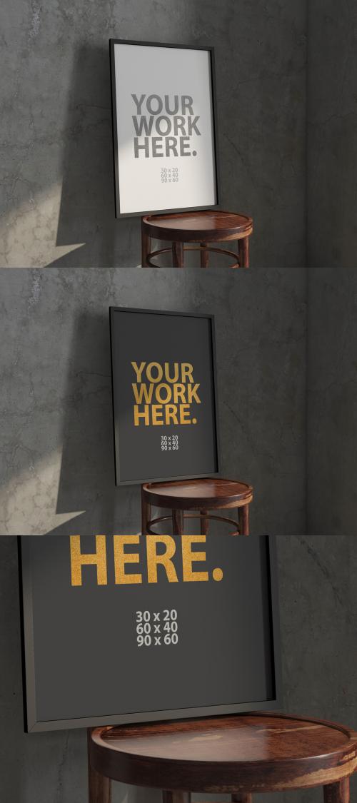 Vertical black poster Frame Mockup on wooden chair in room 638894143