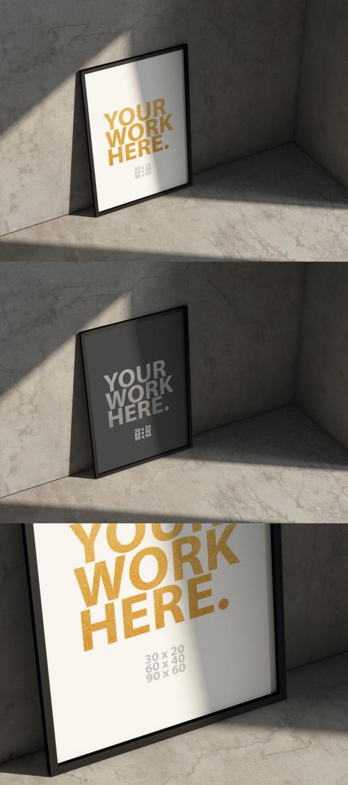 Vertical black poster Frame Mockup on floor in empty room 638893958