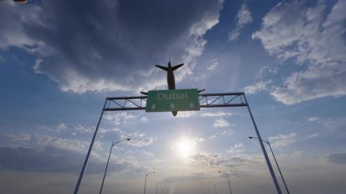 Videohive - Dubai City Road Sign - Airplane Arriving To Dubai Airport - 48036642 - 48036642