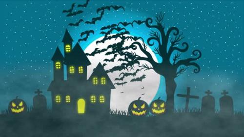 Videohive - Happy Halloween Background On Blue Sky Fying Bats 4K - 48038395 - 48038395