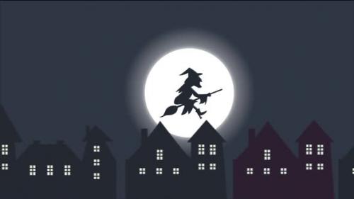 Videohive - Happy Halloween Witch Flying His Broomstick Over Buildings - 48038410 - 48038410