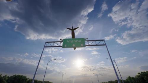 Videohive - Vienna City Road Sign - Airplane Arriving To Vienna Airport - 48036853 - 48036853