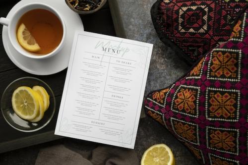 Premium PSD | Top view tea room with menu mockup Premium PSD