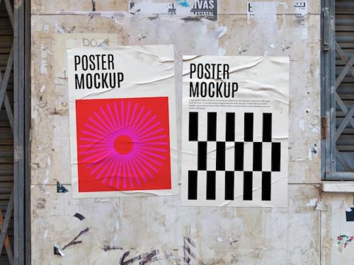 Premium PSD | Mockup of a couple of crumpled posters on a grunged tile background with windows Premium PSD