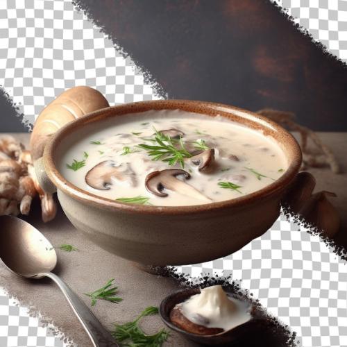 Premium PSD | A cup of soup with mushrooms and a spoon with a spoon on it. Premium PSD