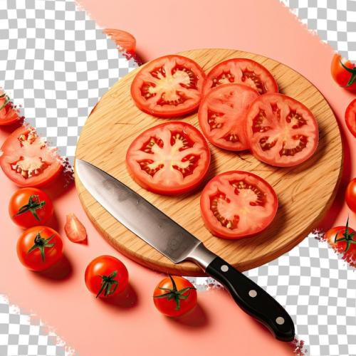 Premium PSD | Sliced tomatoes on a board with a knife isolated on transparent background Premium PSD