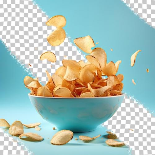 Premium PSD | Front view of potato chips flying in a black bowl on a transparent background Premium PSD