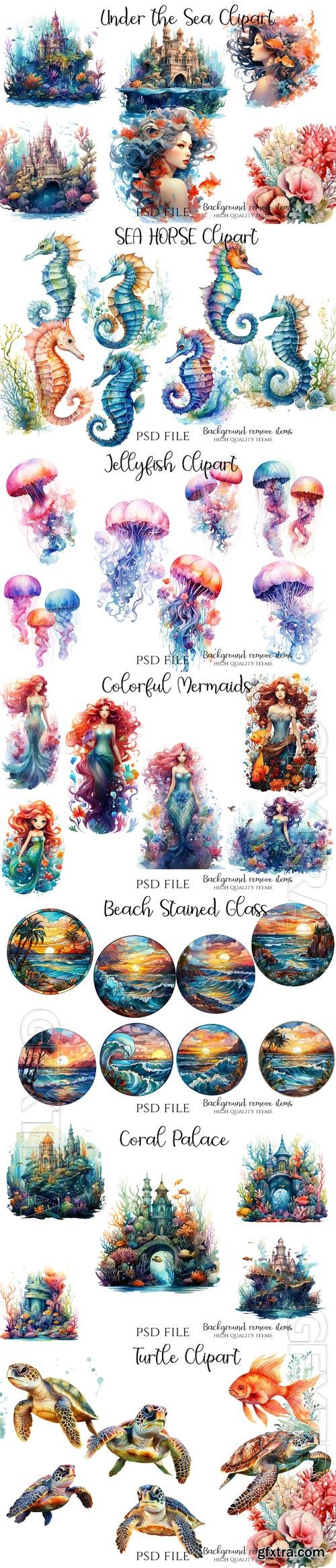 Sea creatures and elements, mermaids, seahorse, turtle, corals, seascape - PSD illustration cliparts set