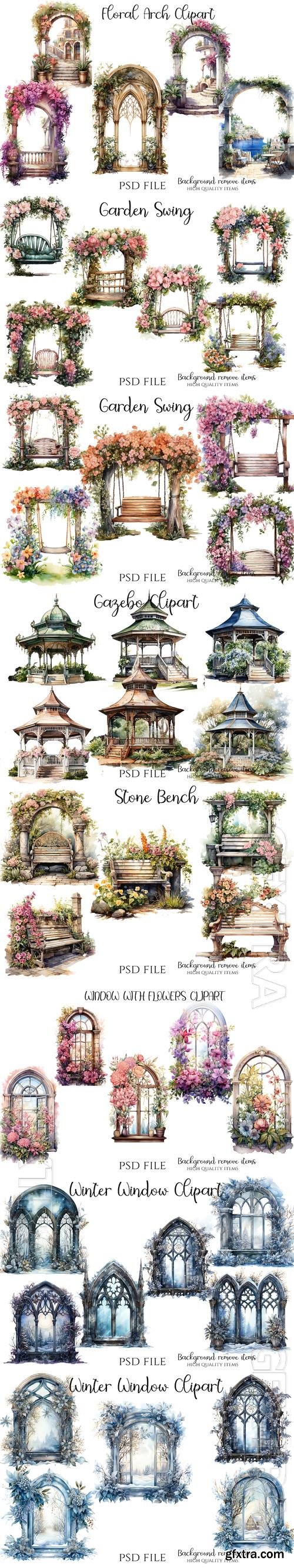 Fairytale house, garden, swing, fountain, arches and gazebos with flowers, window with flowers - PSD illustration cliparts set