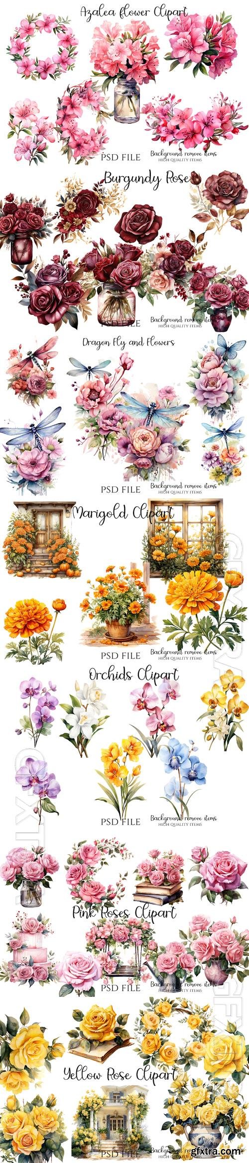 Flowers, roses, orchids, marigold, wildflowers, dragonfly - PSD illustration cliparts set