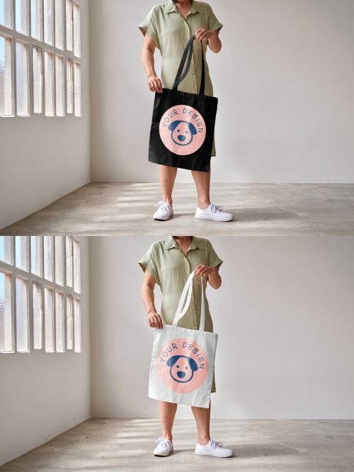 Mockup of woman holding customizable tote bag, front view low section 644106325