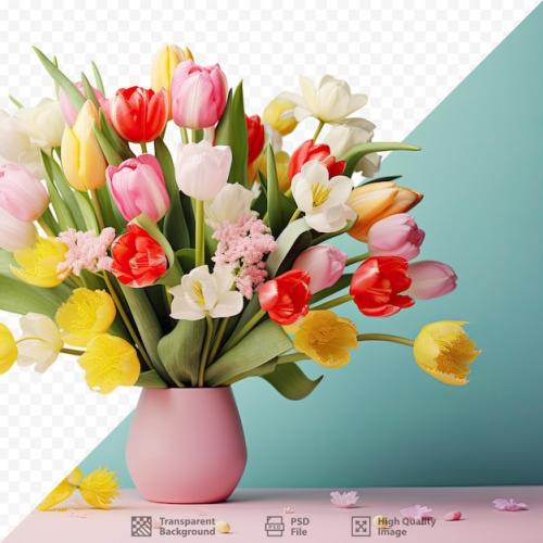 Premium PSD | Isolated tulips on wooden table bright spring bouquet Premium PSD