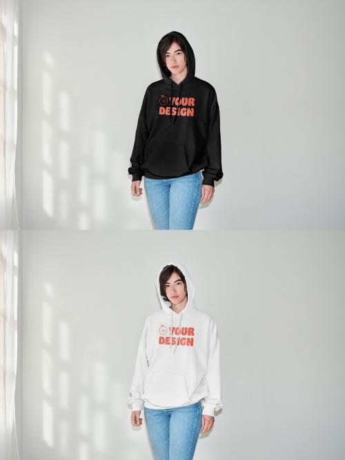 Mockup of woman wearing hoodie with customizable color and hood up, by wall with flash 649149489