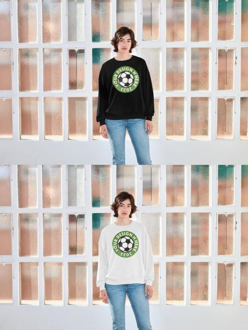 Mockup of woman wearing sweatshirt with customizable color by window, camera flash 649149470