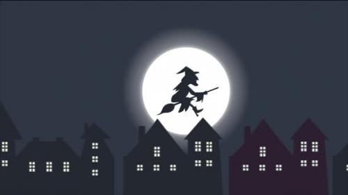 Videohive - Happy Halloween Witch Flying His Broomstick Over Buildings 4K - 48038413 - 48038413