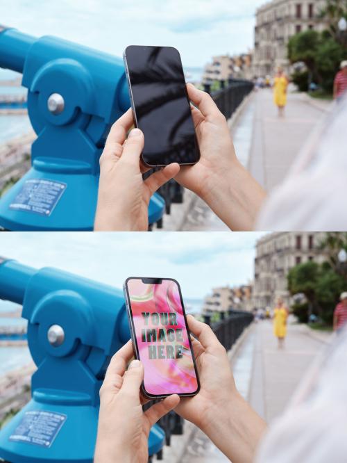 Mockup of person using smartphone with customizable screen by telescope 649152290