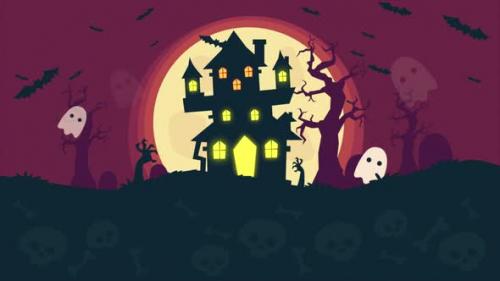 Videohive - Happy Halloween Ghosts, Bats Flying Air Background On Purple 4K - 48038419 - 48038419