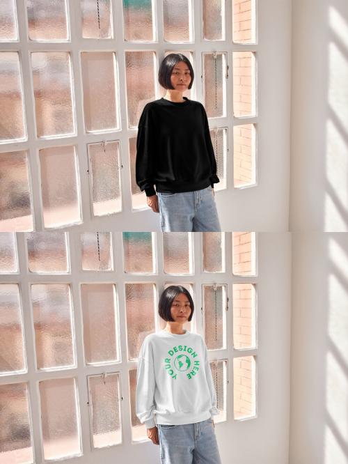 Mockup of Asian woman wearing customizable color sweatshirt leaning against window 649154731