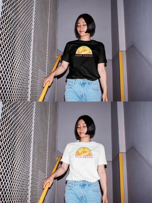 Mockup of Asian woman wearing t-shirt with customizable color and design in stairwell, camera flash 649154351