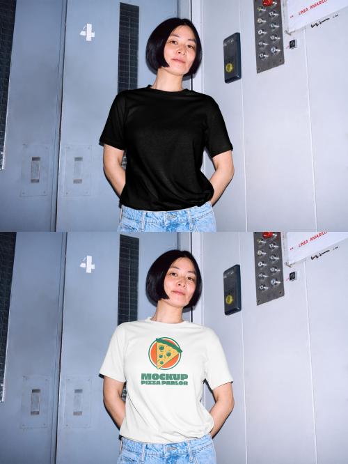 Mockup of Asian woman wearing t-shirt with customizable color and design in elevator, camera flash 649154273