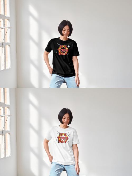 Mockup of Asian woman wearing t-shirt with customizable color and design looking down 649154069