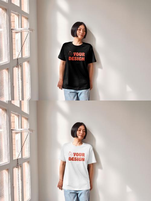 Mockup of Asian woman wearing t-shirt with customizable color and design, leaning against wall 649154055