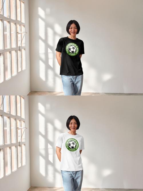 Mockup of Asian woman wearing customizable color t-shirt by window 649153402