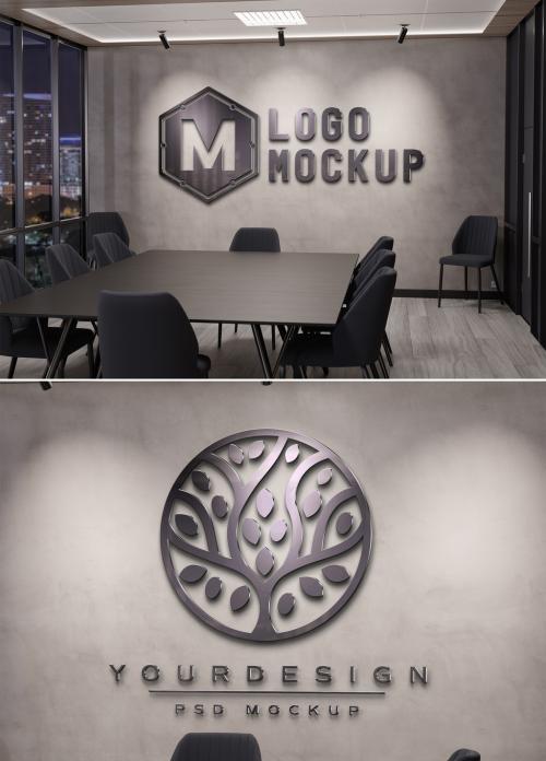 Logo Mockup In Office At Night With 3D Glossy Metal Effect 647115383