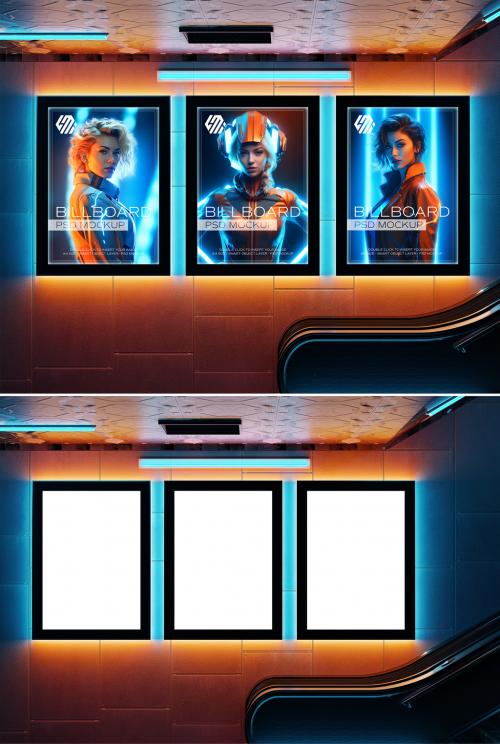 Three Billboards Mockup in Futuristic City Underground 647113864