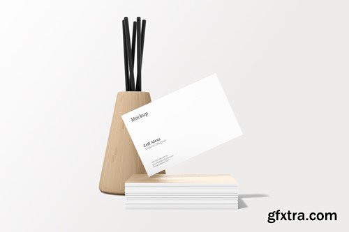 Business Card Mockup With Wood Decoration HACSVB6