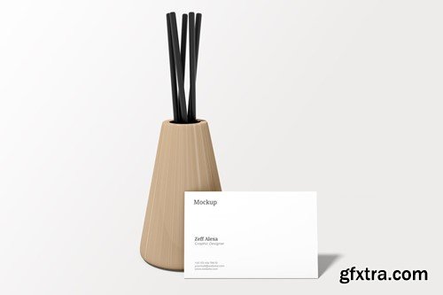 Business Card Mockup With Wood Decoration HACSVB6