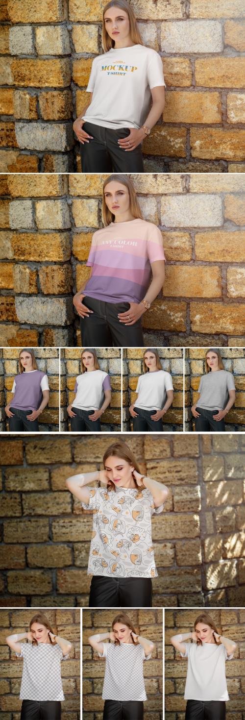 3 Mockup of a women's t-shirt on the Wall of cinder block made of shell rock 646842551