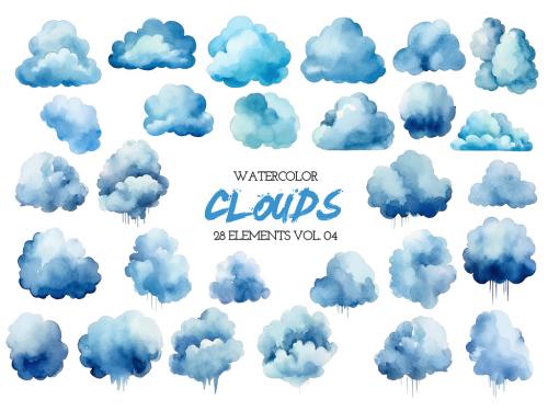 Watercolor painted blue clouds. Hand drawn design elements isolated on white background. 646516052