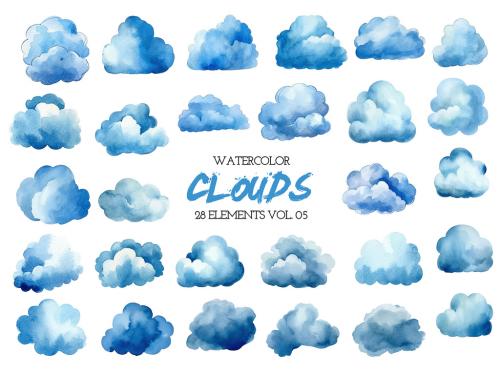 Watercolor painted blue clouds. Hand drawn design elements isolated on white background. 646516017